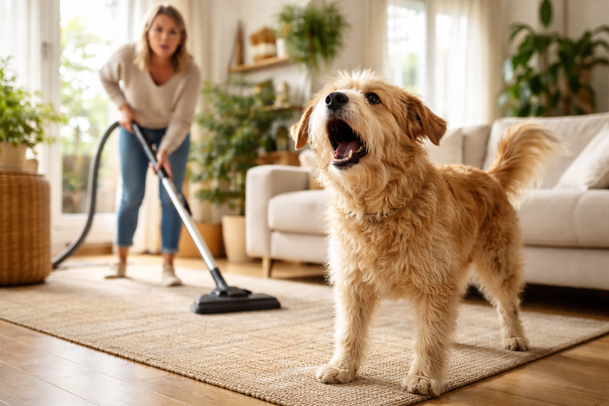Mon chien aboie sur l’aspirateur : comment le calmer sans cris ni conflit