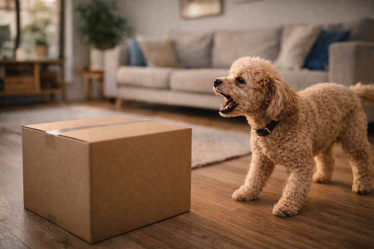Mon chien aboie sur les cartons ou les colis : comment le calmer sans faire monter la scène