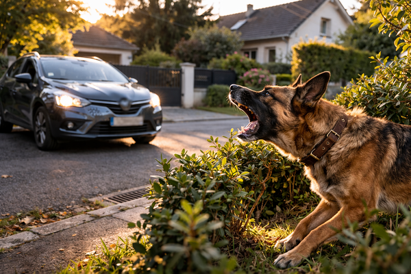 Chien qui aboie sur les voitures devant la maison