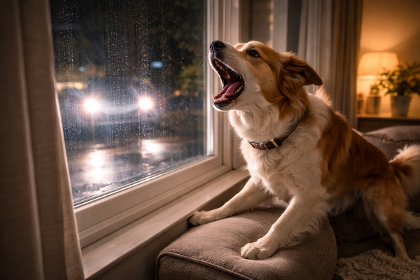 Chien qui aboie sur les ombres et les lumières la nuit