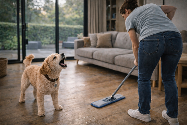 Mon chien aboie au balai ou à la serpillière : comment retrouver le calme pendant le ménage